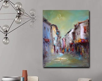 Abstract Green Cityscape Painting Print, Large Canvas Wall Art