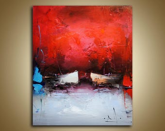 Abstract Boat Painting, Red and White Canvas Art, Modern Wall Decor