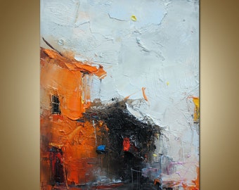 Textured Palette Knife Abstract Oil Painting, Orange and Grey Canvas Art (12x9)