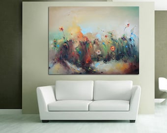 PALETTE KNIFE Floral Art, Large Oil Painting, Original Artwork, Canvas Wall Art, flowers Oil Painting Green Yellow Beige Kitchen Wall Decor