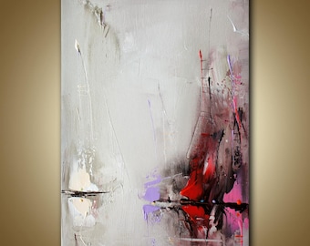 Pintura abstracta de paisaje marino, veleros, lienzo con espátula