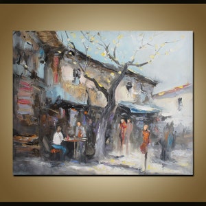 Landscape Painting, Oil Painting, Canvas Art, Original Art, Contemporary Art, Wall Art Painting, City Abstract Painting, Coffee Night street