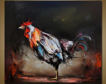 Rooster Oil Painting: Farmhouse Chicken Art, Rustic Kitchen Decor