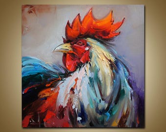 Peinture à l'huile originale de poulet : décoration de cuisine rustique d'animaux de ferme