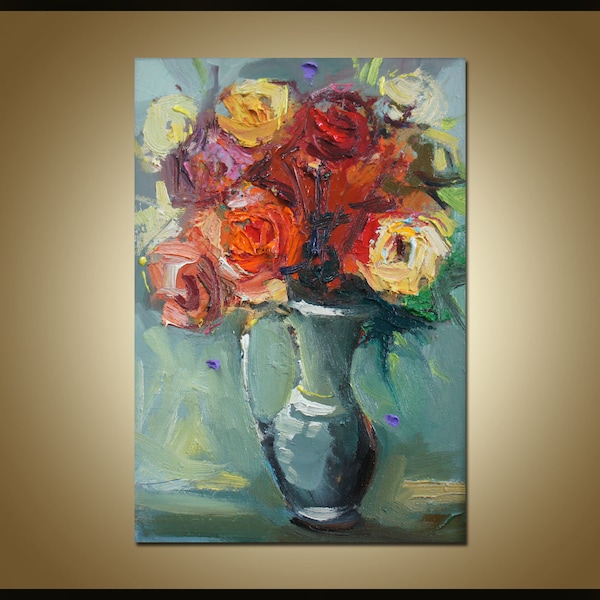 Textured Oil Painting, Roses Painting, Floral Art, Modern Art, kitchen Wall Decor, Original Artwork, Home Decor, Modern Roses Art. Frame Art