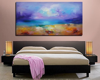 Origineel zeegezicht-olieverfschilderij, abstracte zonsondergang, grote canvaskunst (36 x 72 in)
