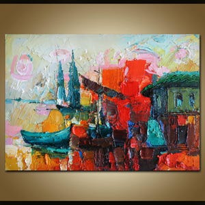 Seascape boat station pier berthoil 12x16 oil painting framed original in the port Sea Boat Sailing waves painting sea Original Painting