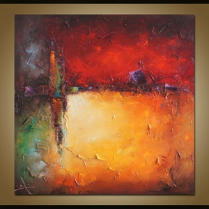 May include: Abstract painting with a textured surface. The painting features a red, orange, yellow, green, and purple colour scheme. The painting is divided into two sections by a horizontal line. The top section is red and the bottom section is yellow. The painting is framed in a brown frame.
