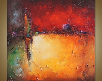 Puede incluir: Pintura abstracta con una superficie texturizada. La pintura presenta un esquema de colores rojo, naranja, amarillo, verde y morado. La pintura está dividida en dos secciones por una línea horizontal. La sección superior es roja y la sección inferior es amarilla. La pintura está enmarcada en un marco marrón.