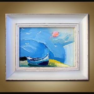 Pintura a óleo original Blue Seascape sobre tela, veleiro, mar azul, decoração de parede cênica, arte impressionista, presente, arte, cores brilhantes