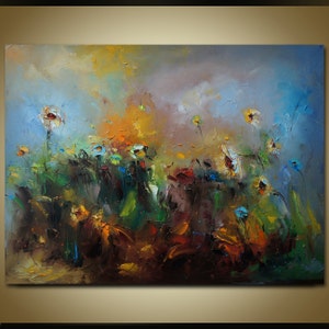 May include: Abstract oil painting depicting a field of flowers in shades of blue, yellow, white, and green. The flowers are painted in a loose, impressionistic style, with thick brushstrokes and a textured surface.