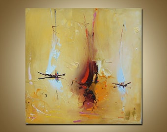 Pintura al óleo abstracta texturizada en color amarillo, arte moderno sobre lienzo (30 x 30 cm)
