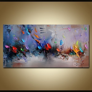Oil Painting on Canvas, Spring Landscape with Flowers, Oil Painting Original, Canvas Painting, Landscape Painting, Blue Wall Art Painting