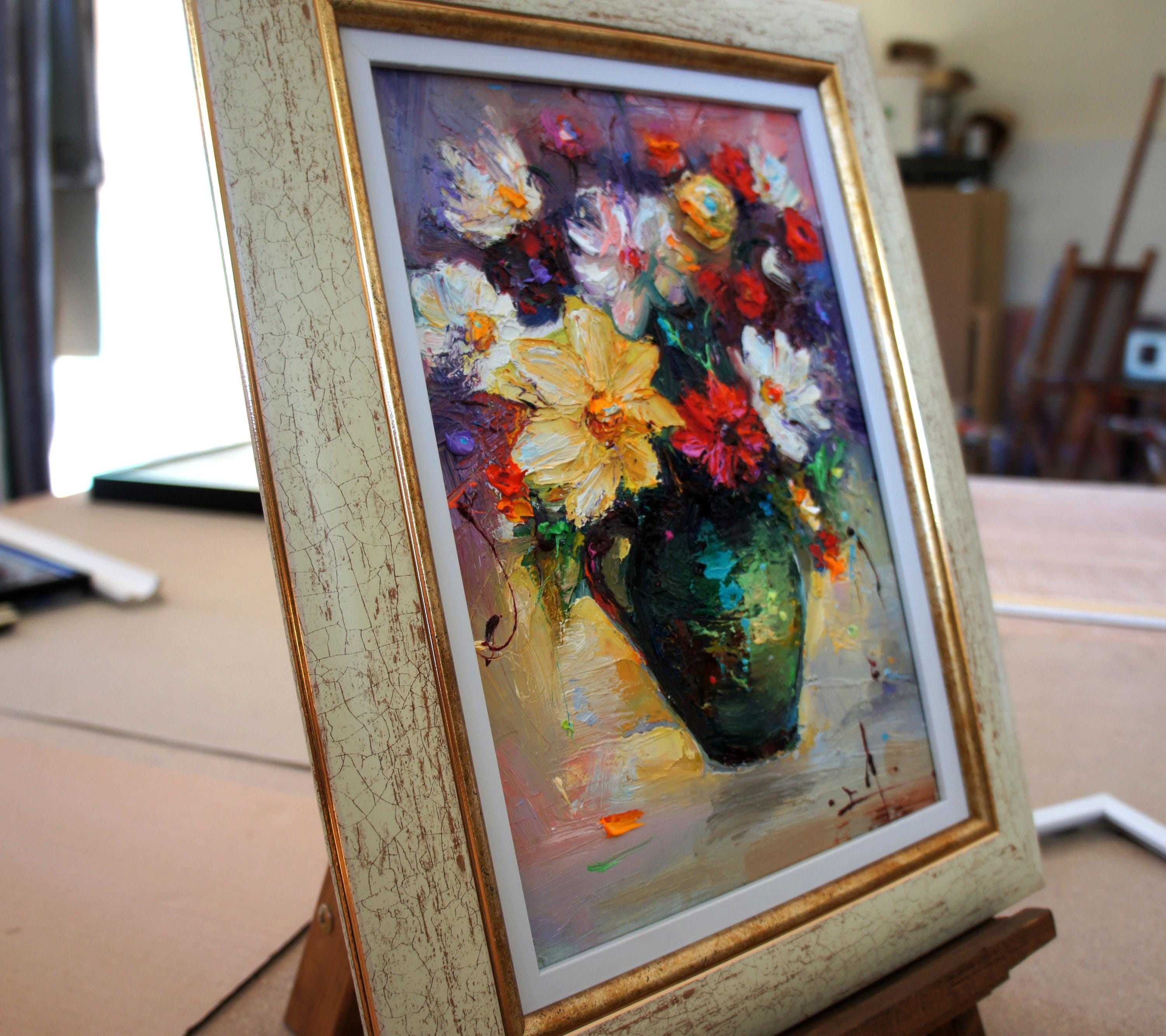 花の静物画、オリジナル油彩画（板絵）、額装済みキッチン装飾 - Etsy 日本
