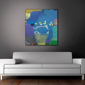 May include: Abstract painting with a blue background, yellow, green, and purple shapes, and white stars. The painting is framed and hanging on a grey wall.
