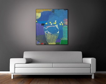 May include: Abstract painting with a blue background, yellow, green, and purple shapes, and white stars. The painting is framed and hanging on a gray wall.