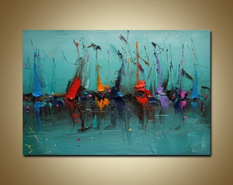 Origineel abstract zeegezicht-olieverfschilderij, groenblauwe oceaankunst (8 x 12)