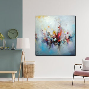 Big Flowers Painting Yellow Flowers Canvas Art Grey Modern Original Artwork Textured Painting Silver Leaf Art Bedroom Decor Contemporary Art