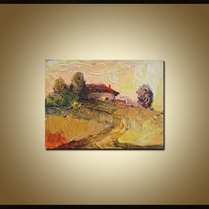 Pintura al óleo al atardecer, paisaje, pintura abstracta, arte marco, pintura al óleo original, paisaje de verano beige y pintura al óleo de naturaleza rosa