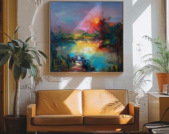 Large Abstract Landscape Art, Bright Tropical Painting, Magenta Green Wall Decor
