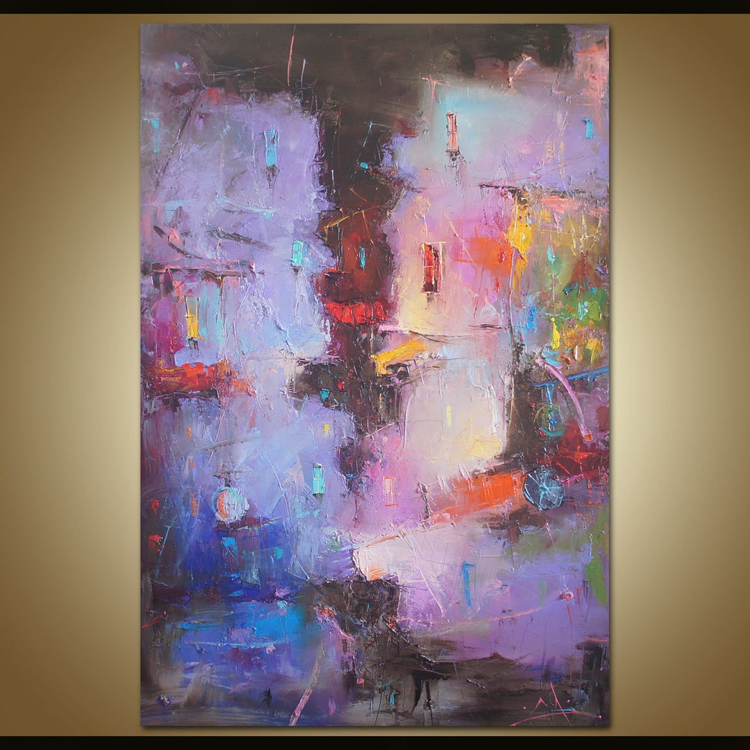 Abstract Oil Painting, Canvas Art, Pink Blue Art Painting, Large