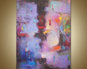 Large Abstract Oil Painting: Pink Blue Canvas Art, Modern Wall Decor (30x48)