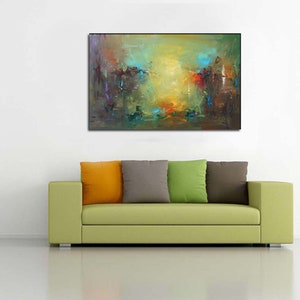 Large Blue abstract painting green abstract painting landscape painting on canvas blue abstract art canvas yellow painting abstract texture