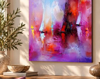 抽象的な帆船の油絵、カラフルな帆船の海景、オリジナルのテクスチャー