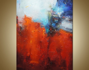 Large Red and Blue Abstract Painting, Modern Expressionist Art, 55"