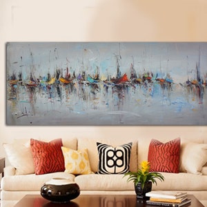 Ölgemälde Abstrakt, Segelboote, Wohnzimmer Wandkunst, große abstrakte Malerei, Palette Messer, Leinwand Wandkunst, große zeitgenössische Kunst