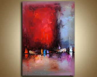 Abstract Sailboats Oil Painting, Red and Gray Seascape, 27x40