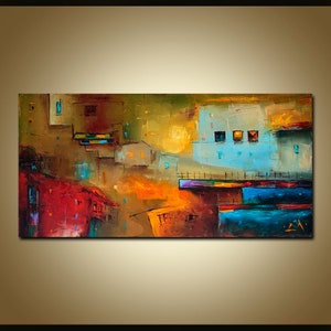 Modern abstract wall art print, Large beige and blue joyful abstract painting, Bright multicolor eclectic wall art