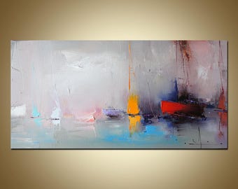 Cuadro de barco junto al mar, arte mural abstracto texturizado original, 24x12"