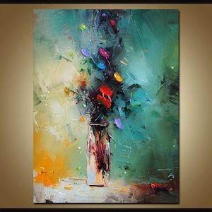 Original Oil Painting Flower Painting with vase Red Blossom | Texture Flowers  Modern look Painting Wall Decor Flower Painting Kitchen Decor