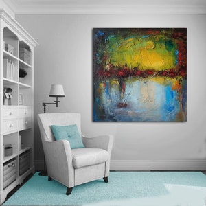 Minimalist abstract oil painting,original abstract painting,Green painting,Geometric abstract painting, Blue abstract painting Grey painting