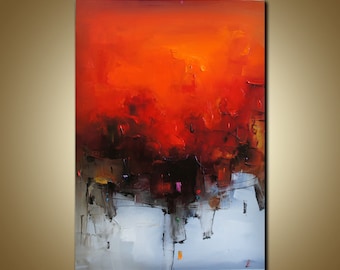 Large Red Abstract Painting on Canvas, Modern Minimalist Art (40x27 in)