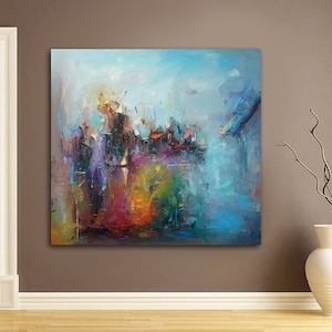Large blue abstract painting on canvas yellow painting abstract art canvas landscape painting oversize wall art pink painting beige painting