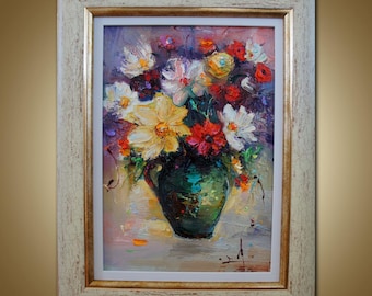 花の静物画、オリジナル油彩画（板絵）、額装済みキッチン装飾 - Etsy 日本