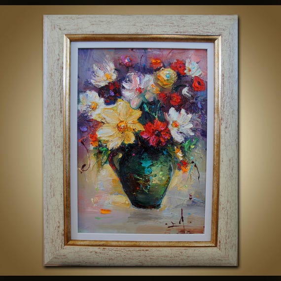 花の静物画、オリジナル油彩画（板絵）、額装済みキッチン装飾 - Etsy 日本