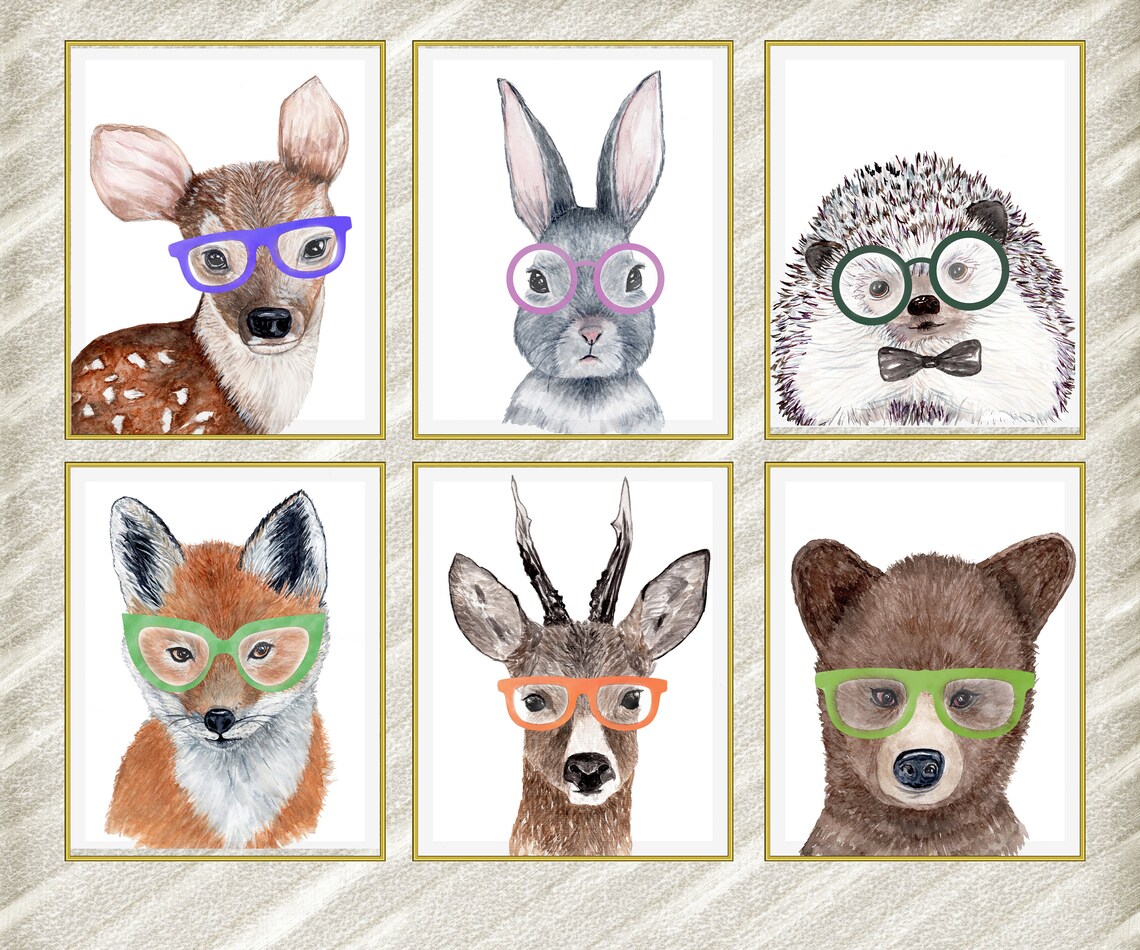 Animals With Glasses funny ANIMALS Prints Forest Etsy