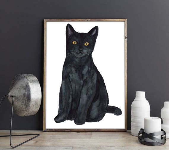  Black  Cat  Print WATERCOLOR BLACK CAT Minimalist  Etsy