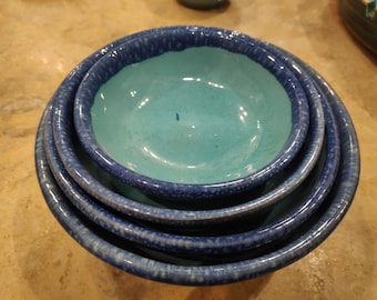 Set of four (4) handmade Turquoise Pottery bowls - Set of 4 Ceramic turquoise bowls.