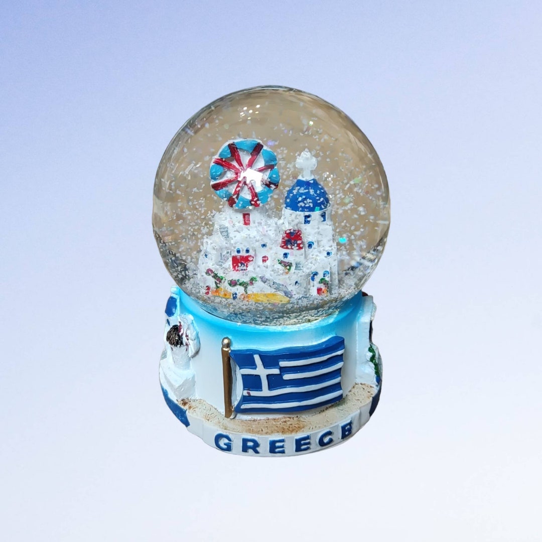 Santorini Greek Snow Globe Snowdome on a Base With Etsy