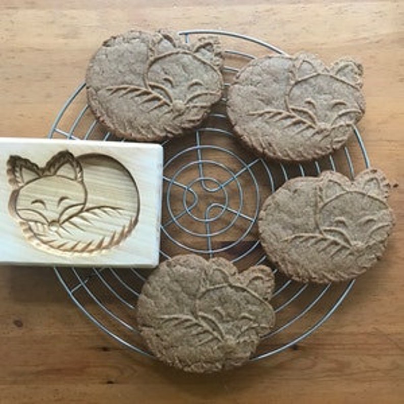 sleeping fox, Wood cookie mold gingerbread springerle speculaas kashigata mold Handmade carved wood Christmas Gift Linden tree image 2