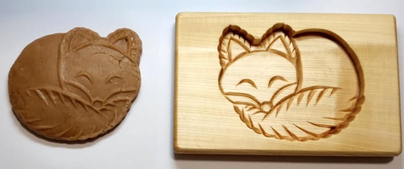 sleeping fox, Wood cookie mold gingerbread springerle speculaas kashigata mold Handmade carved wood Christmas Gift Linden tree image 1