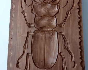 Cookie mold stag beetle. Handmade, carved wood pear tree.