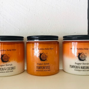 Fall inspired Sugar Scrub with bamboo spoon, choice of fragrance, body polish, body scrub, pumpkin spice, Marshmallow, Maple, exfoliate