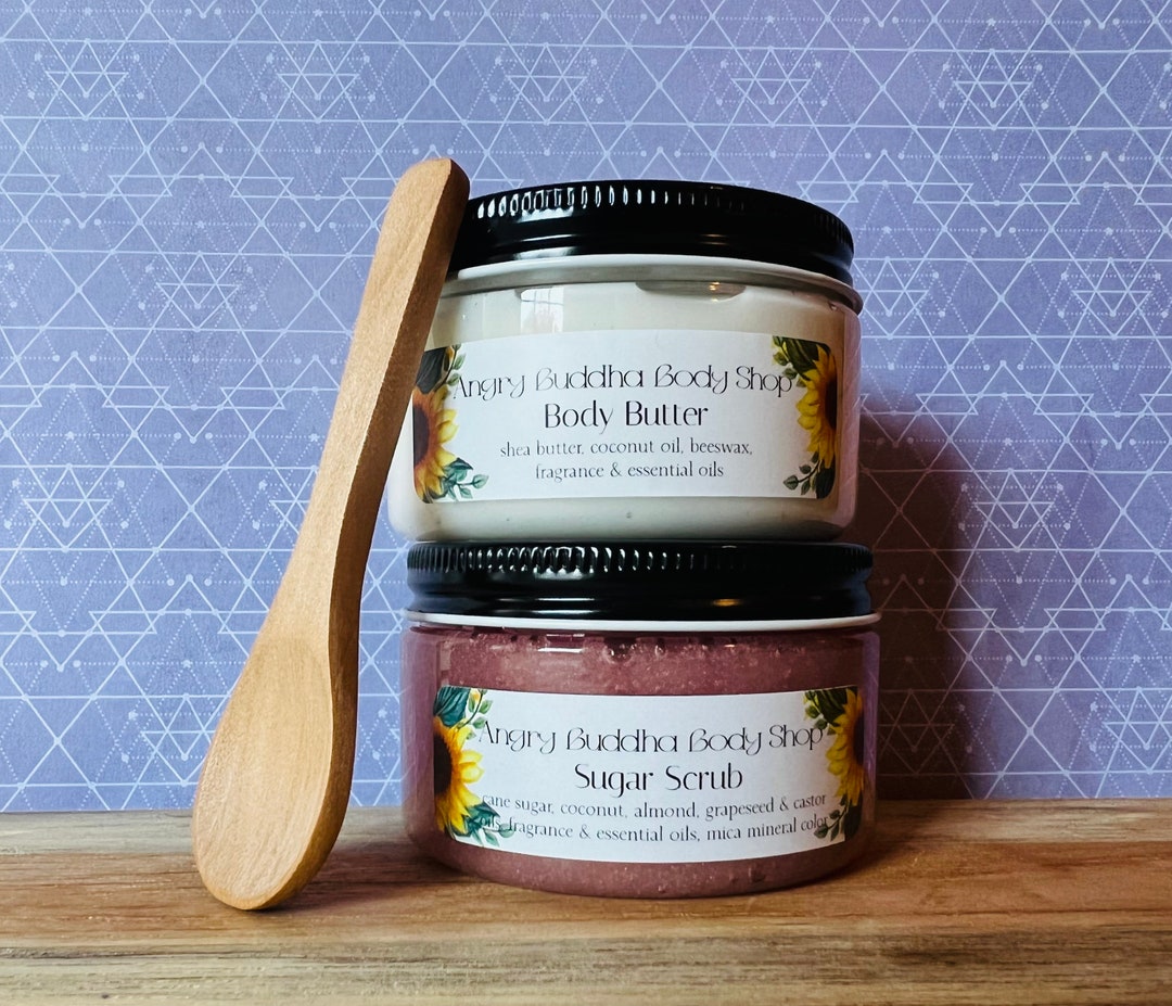 Sugar Scrub & Body Butter Gift Set With Wooden Spoon in Organza Bag Natural Body Care, Selfcare