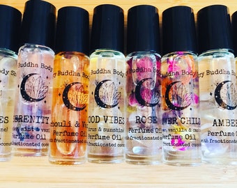 Roll on Oil Perfume with crystals, natural perfume, essential oil perfume, perfume oil, crystal perfume, amethyst, rose quartz