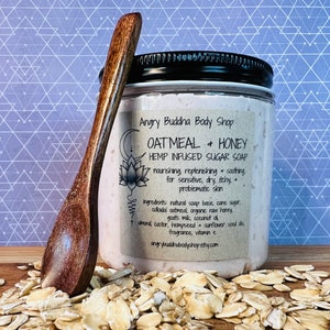 Oatmeal and Honey Sugar Soap Scrub, Wooden Spoon, Self Care